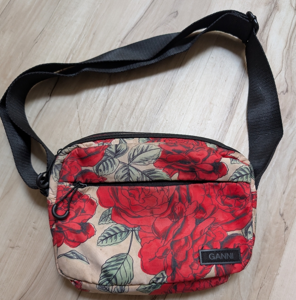 Ganni Red and Cream Crossbody Bag with Floral Design